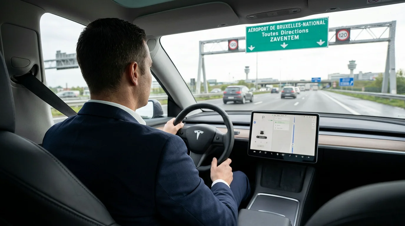 Vue intérieure d'une Tesla Model Y noire avec chauffeur professionnel sur une autoroute belge