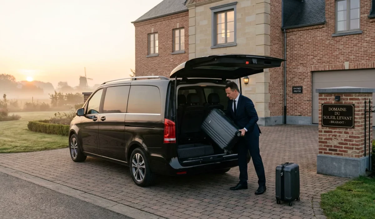 Chauffeur professionnel chargeant une valise dans une Mercedes Classe V noire devant une maison belge