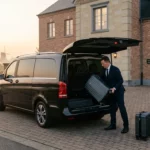 Chauffeur professionnel chargeant une valise dans une Mercedes Classe V noire devant une maison belge