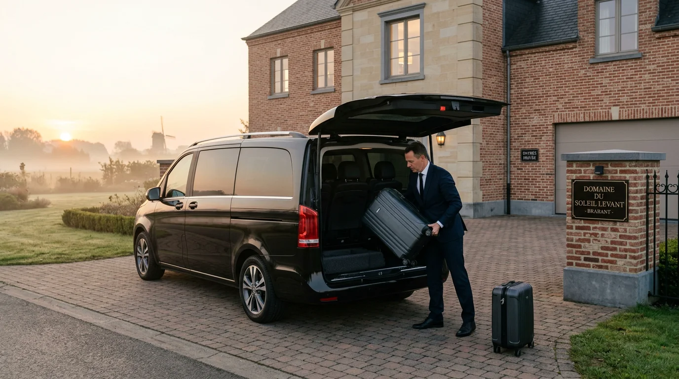 Chauffeur professionnel chargeant une valise dans une Mercedes Classe V noire devant une maison belge