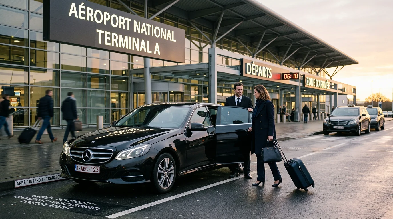 Chauffeur professionnel accueillant un voyageur devant une Mercedes Classe E noire à l'aéroport