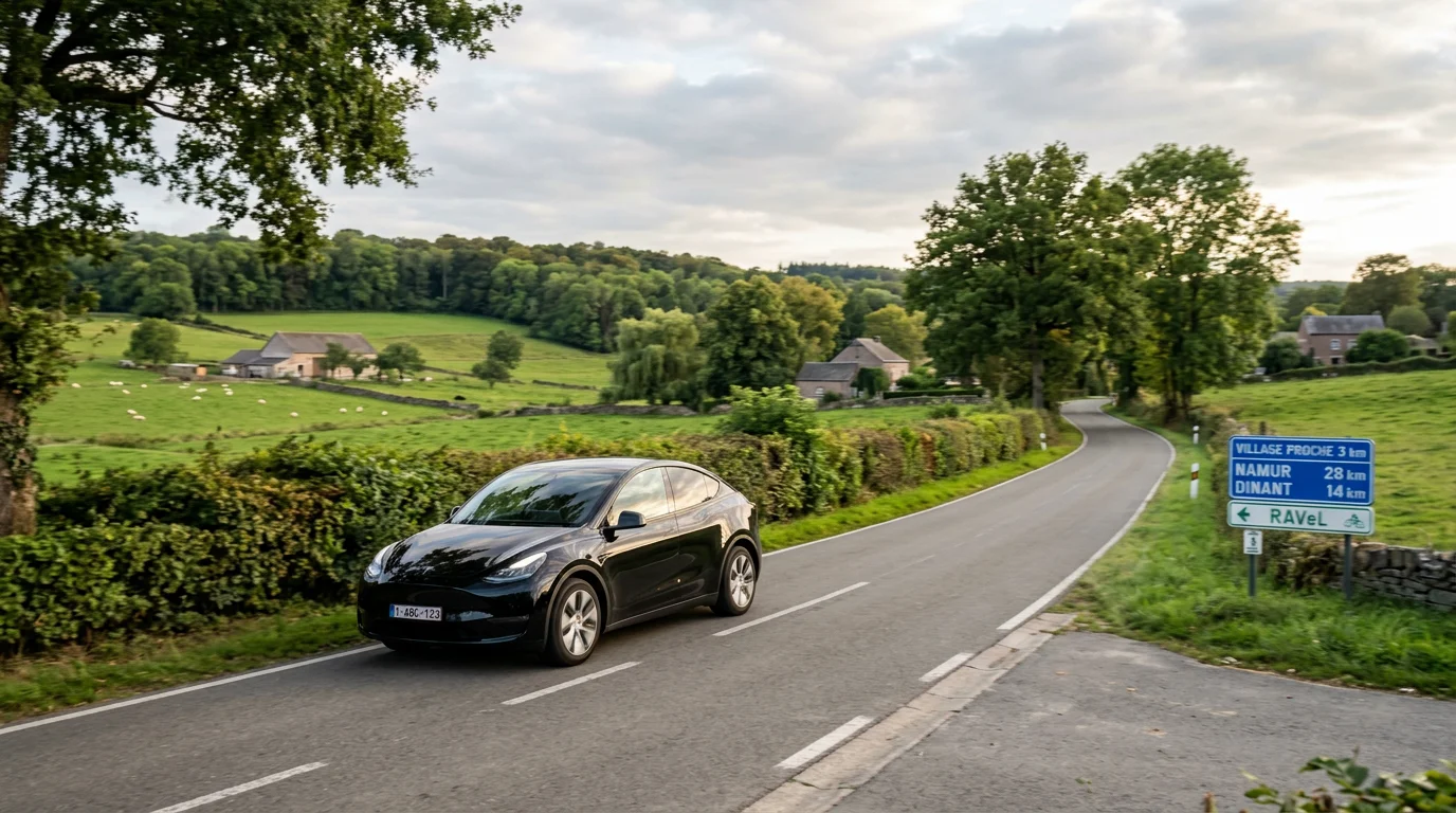 Tesla Model Y noire sur une route de campagne du Brabant wallon