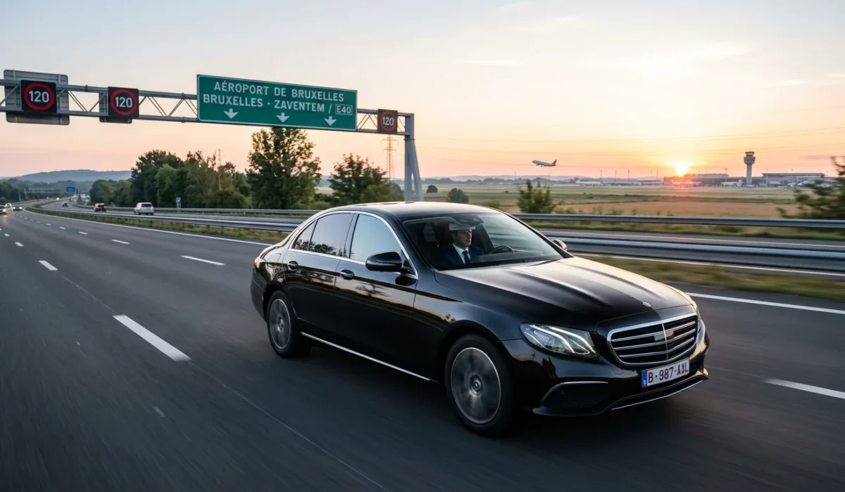 Mercedes Classe E noire avec chauffeur professionnel en route vers l'aéroport