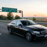 Mercedes Classe E noire avec chauffeur professionnel en route vers l'aéroport