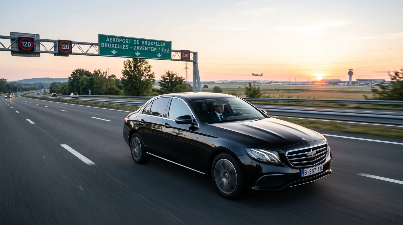 Mercedes Classe E noire avec chauffeur professionnel en route vers l'aéroport