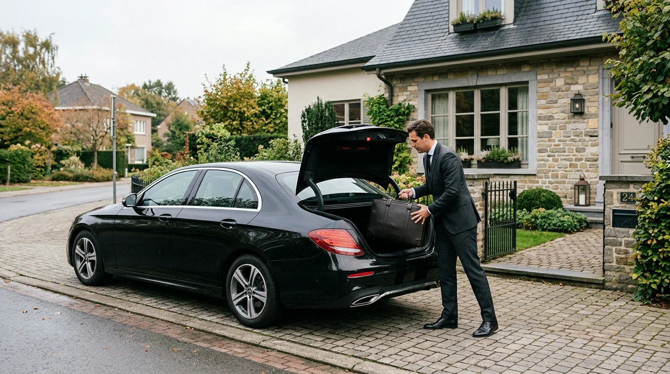 Chauffeur professionnel chargeant une valise dans une Mercedes Classe E noire