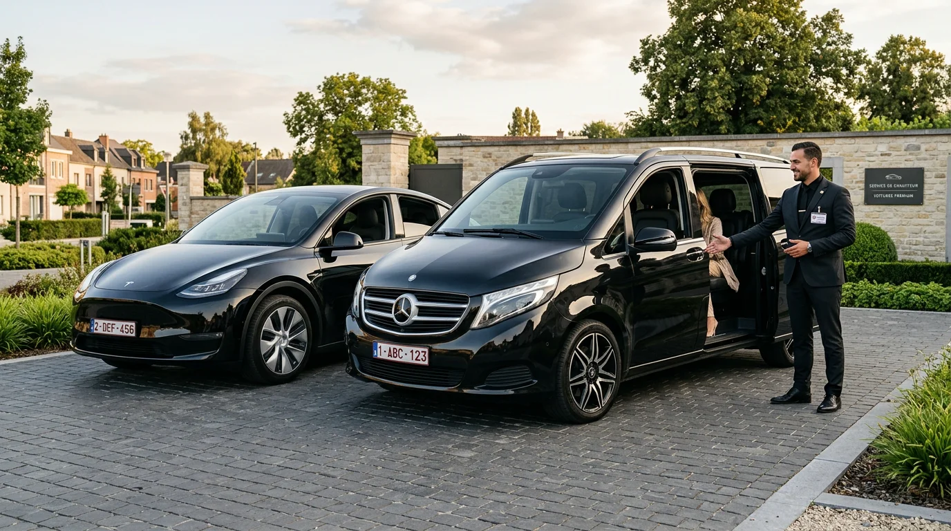 Tesla Model Y noire et van Mercedes Classe V noir avec chauffeur professionnel