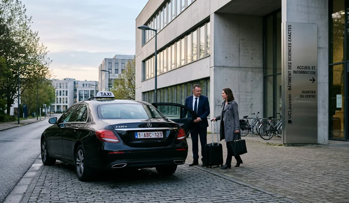 Tesla Model Y noire avec chauffeur professionnel en route vers l'aéroport à l'aube