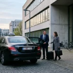 Tesla Model Y noire avec chauffeur professionnel en route vers l'aéroport à l'aube