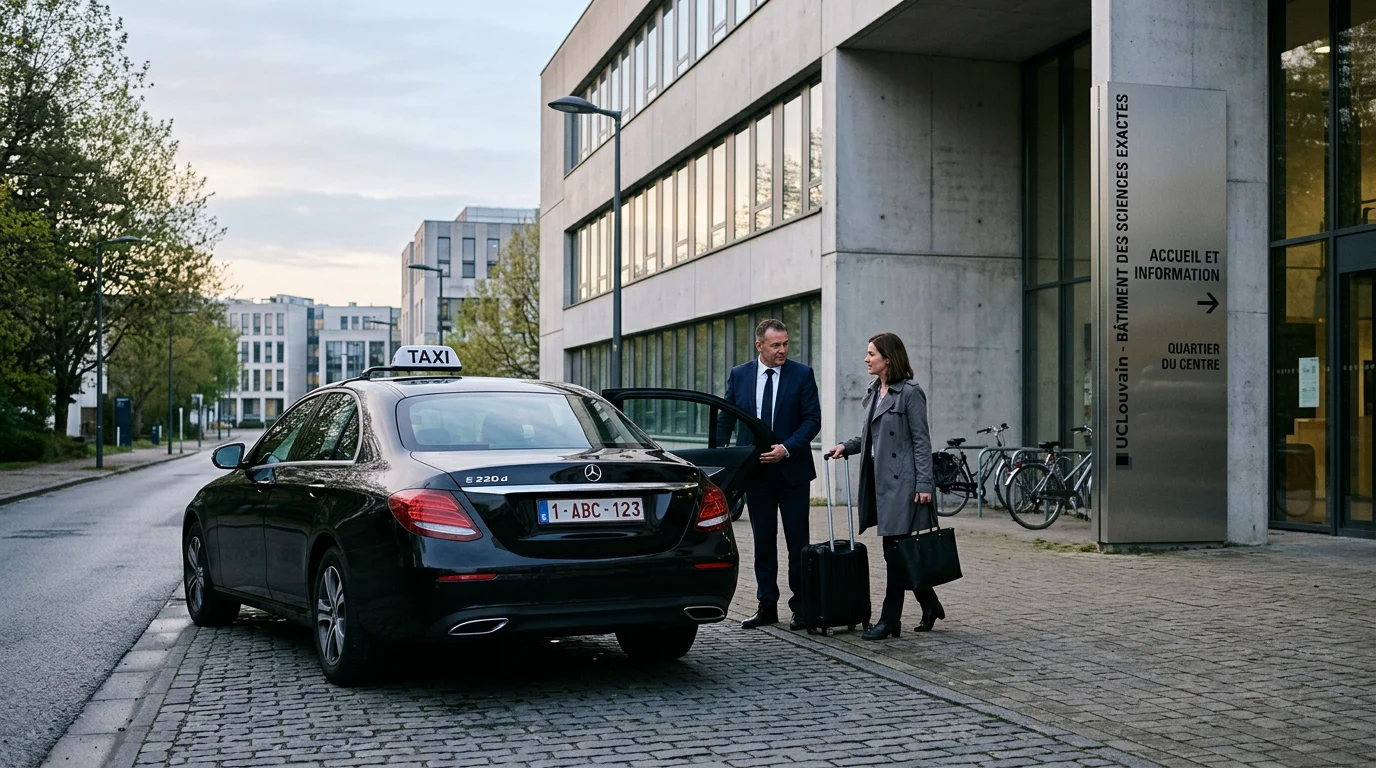 Tesla Model Y noire avec chauffeur professionnel en route vers l'aéroport à l'aube