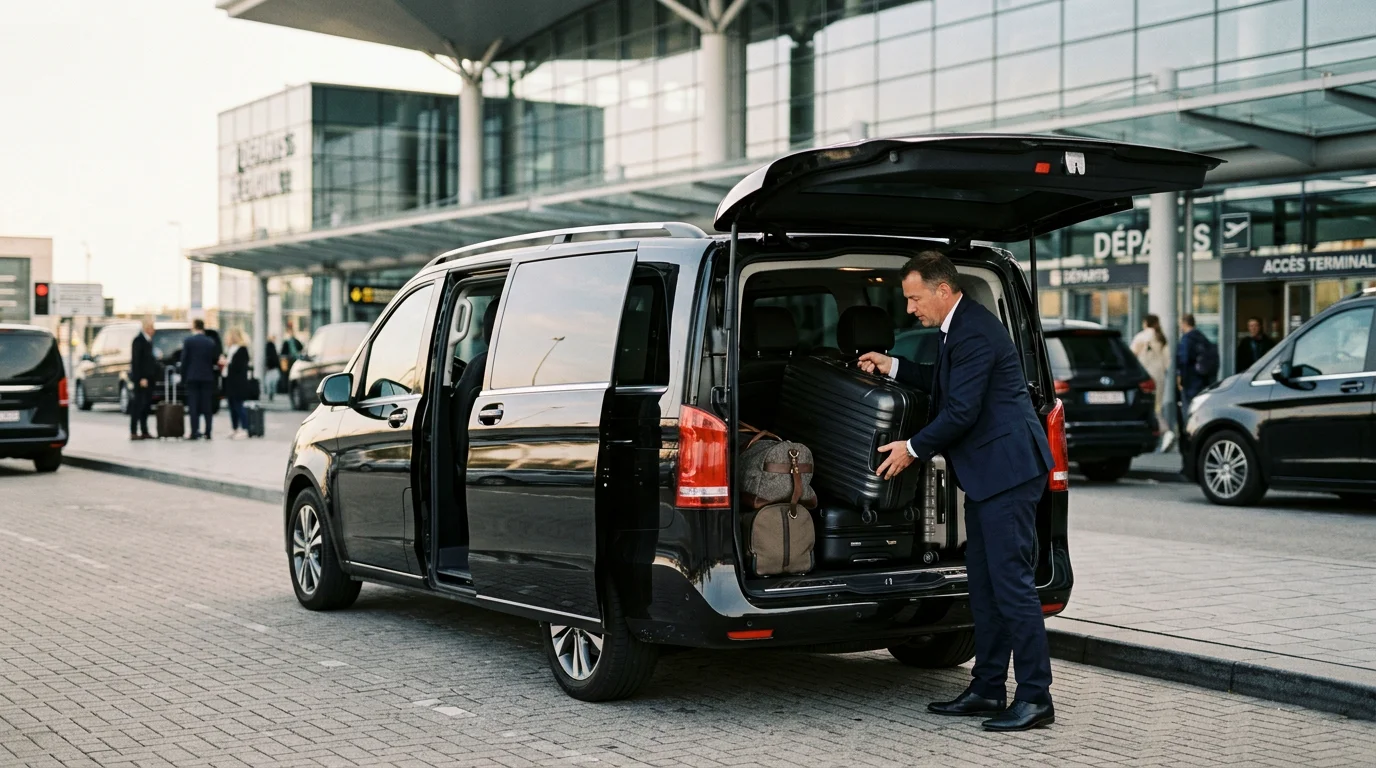 Chauffeur chargeant des bagages dans une Mercedes Classe V noire devant un aéroport