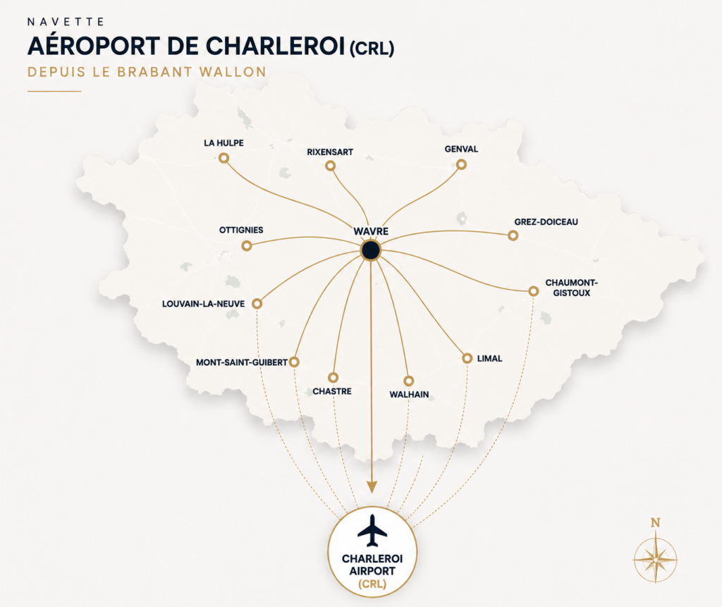 Carte des transferts AlloTaxis entre le Brabant wallon et l'aéroport de Charleroi (CRL)