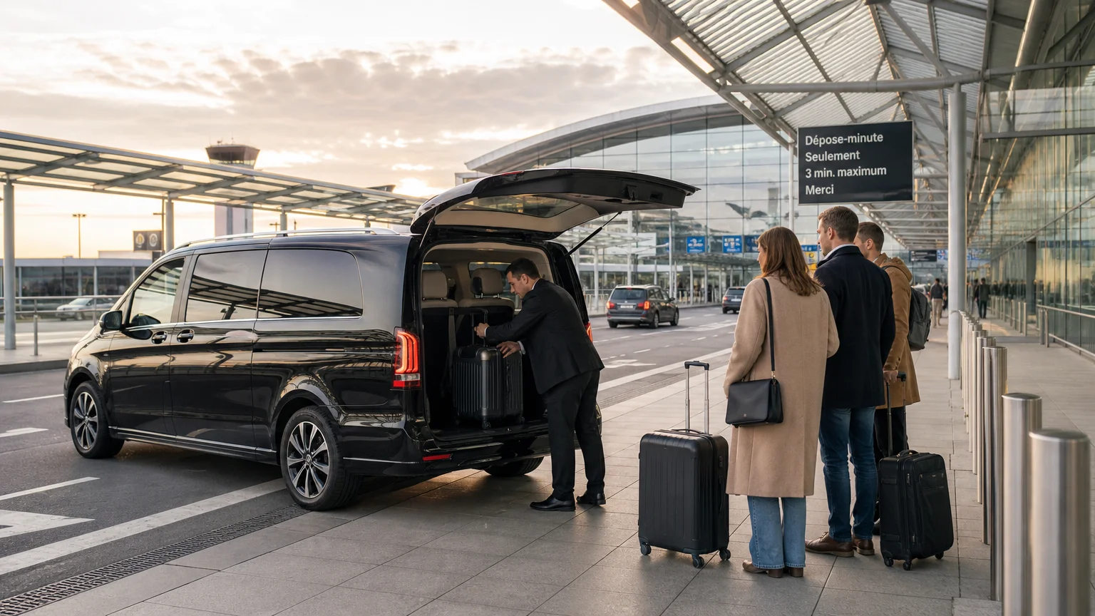 Van noir avec chauffeur professionnel devant un aéroport belge