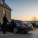 Berline noire avec chauffeur professionnel devant une maison à Chastre au départ vers Charleroi Airport