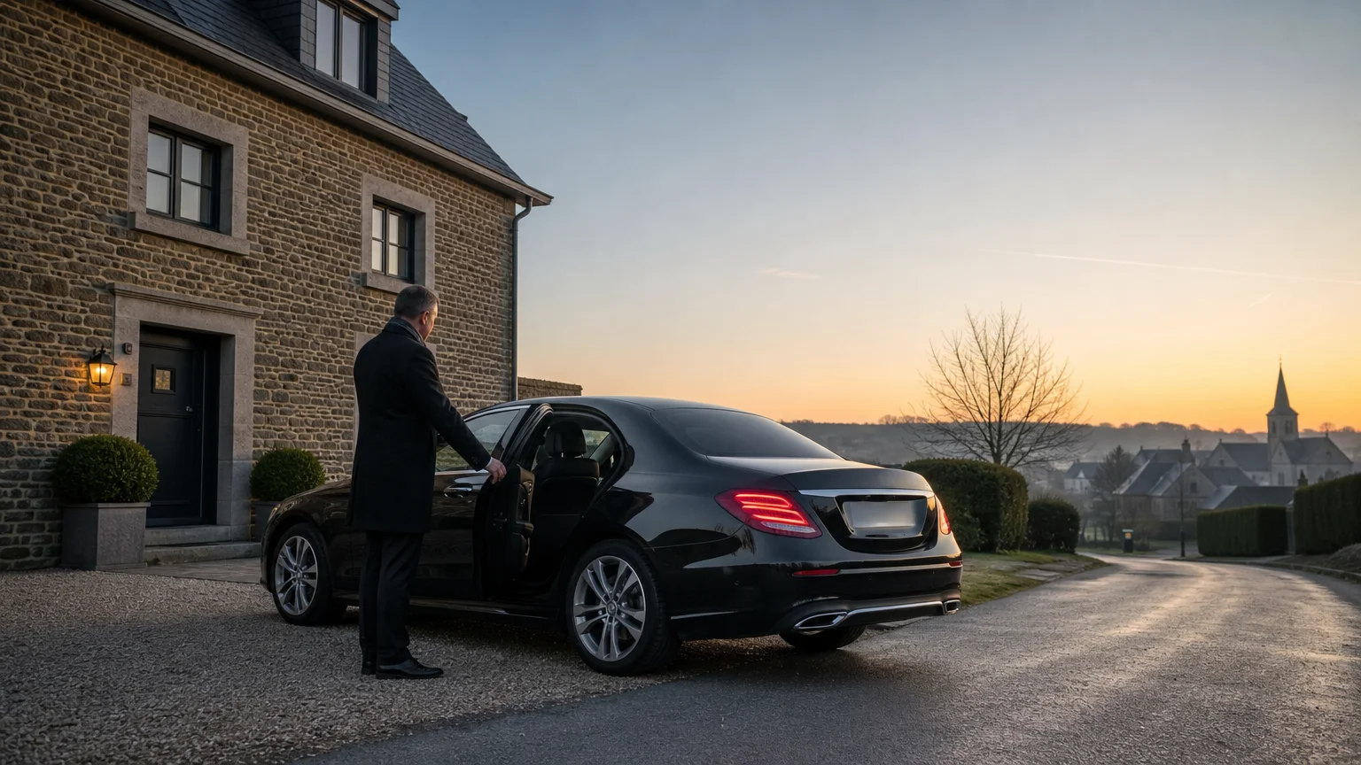 Berline noire avec chauffeur professionnel devant une maison à Chastre au départ vers Charleroi Airport