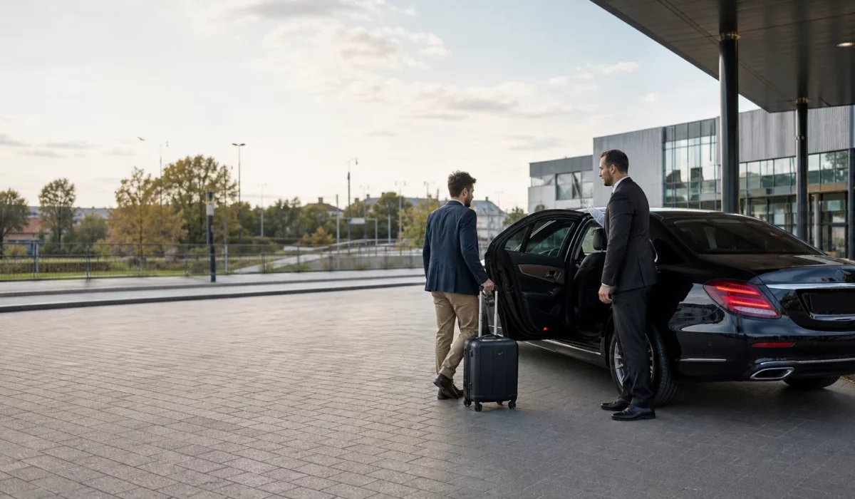 Transfert en taxi noir avec chauffeur professionnel près d’une gare de Wavre
