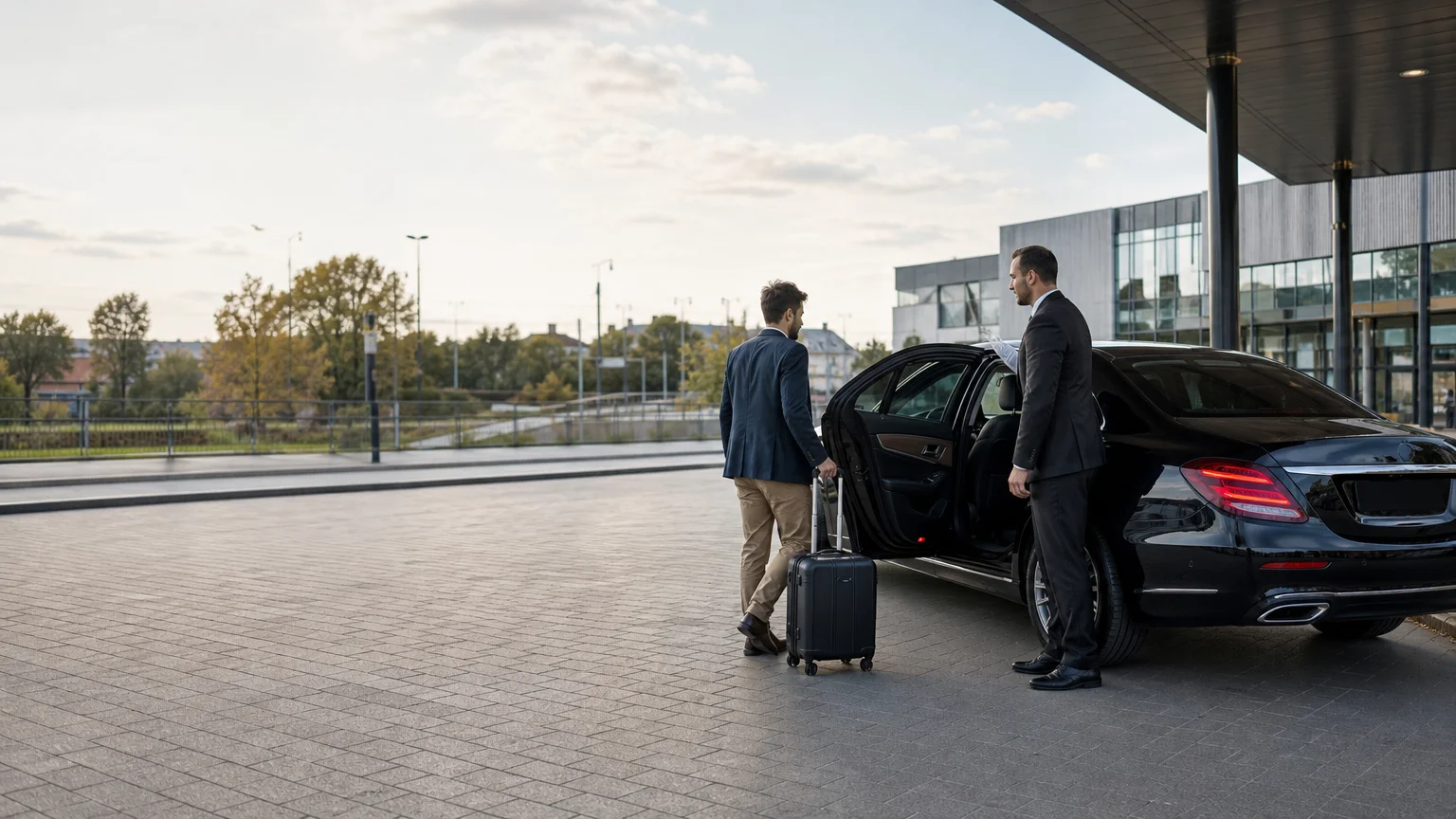 Transfert en taxi noir avec chauffeur professionnel près d’une gare de Wavre