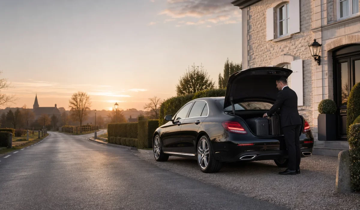 Mercedes Classe E noire avec chauffeur professionnel pour une navette de Beauvechain vers Charleroi Airport