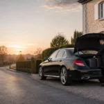 Mercedes Classe E noire avec chauffeur professionnel pour une navette de Beauvechain vers Charleroi Airport