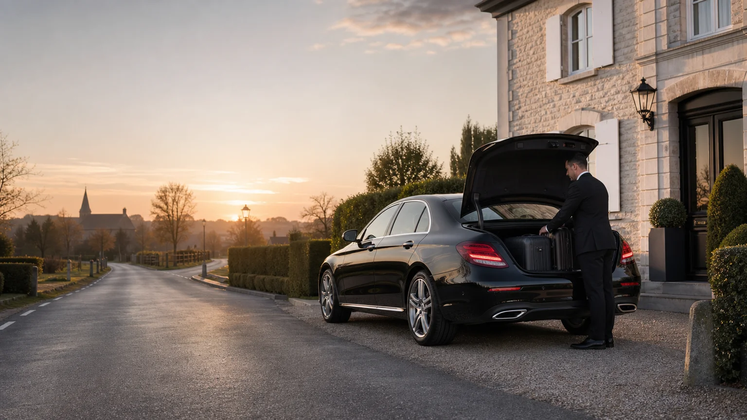 Mercedes Classe E noire avec chauffeur professionnel pour une navette de Beauvechain vers Charleroi Airport