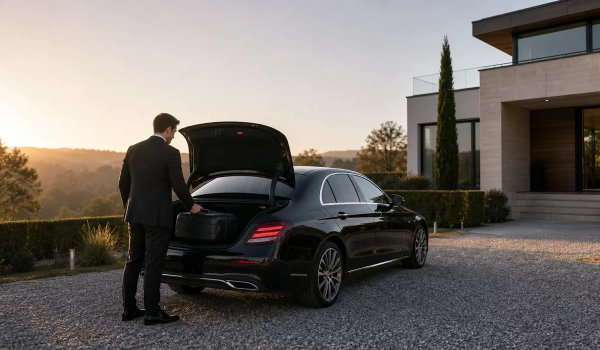 Mercedes Classe E noire avec chauffeur professionnel au départ d’Overijse