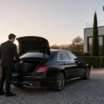 Mercedes Classe E noire avec chauffeur professionnel au départ d’Overijse