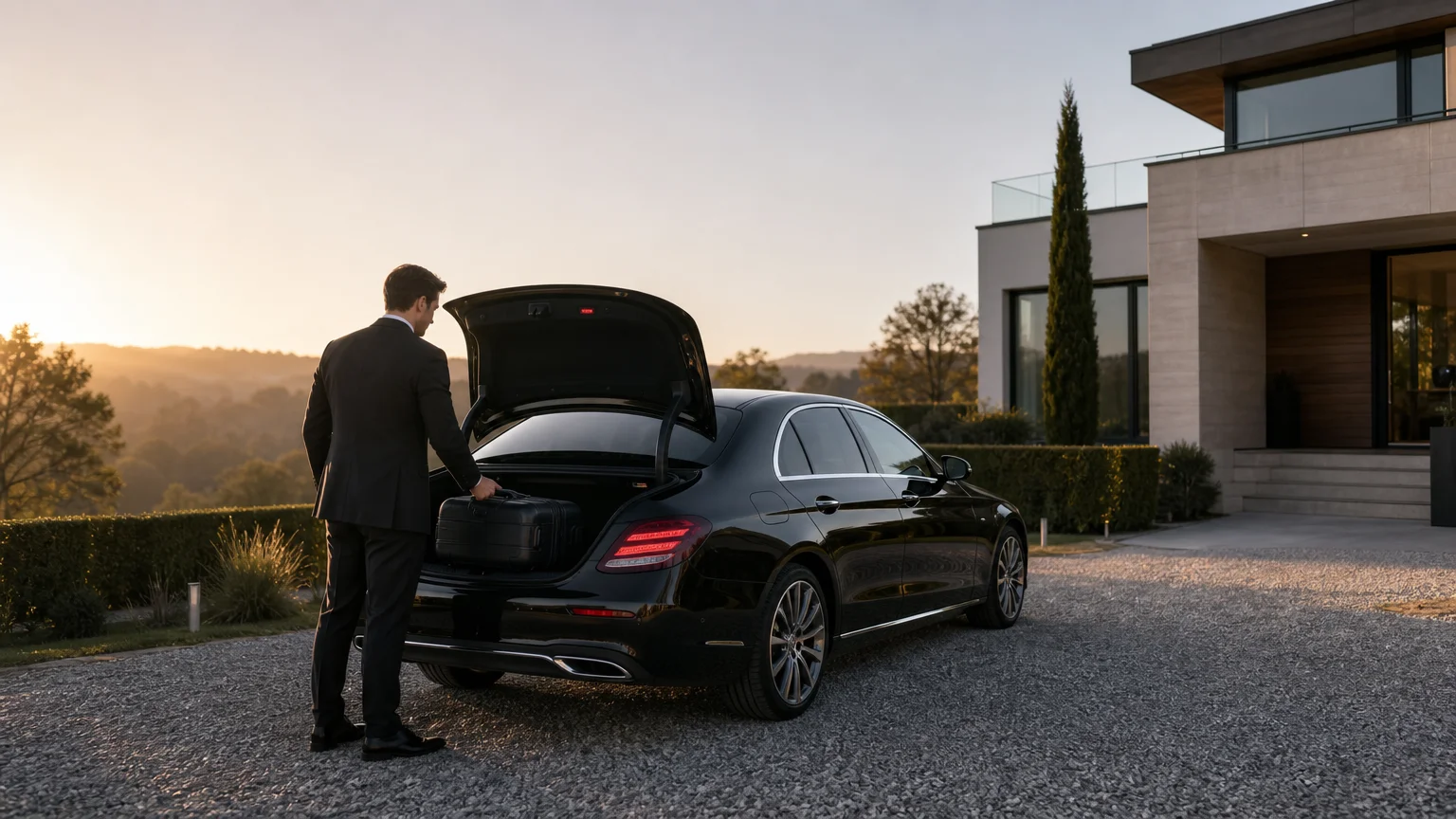 Mercedes Classe E noire avec chauffeur professionnel au départ d’Overijse