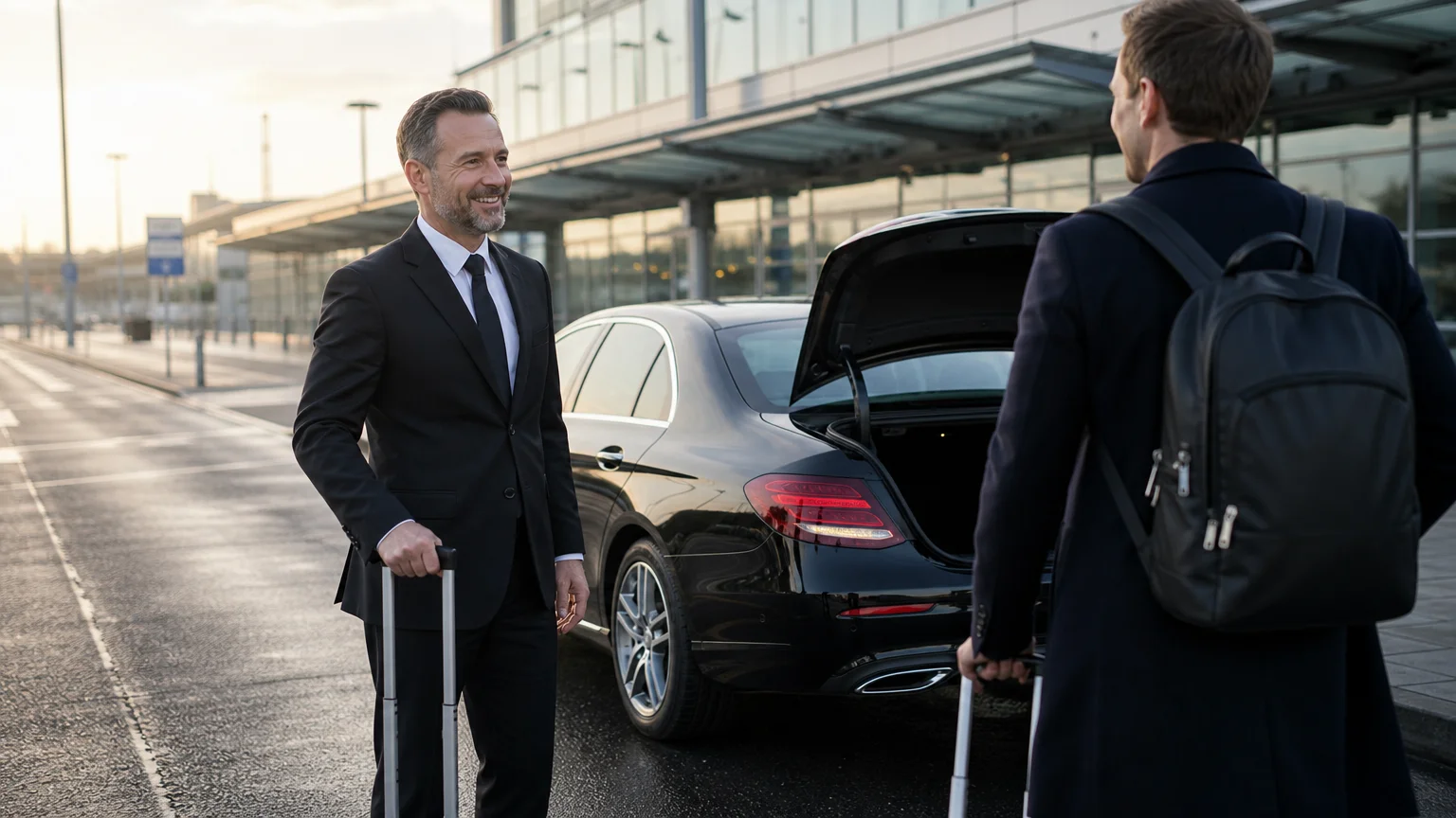 Chauffeur professionnel accueillant un voyageur à Charleroi Airport