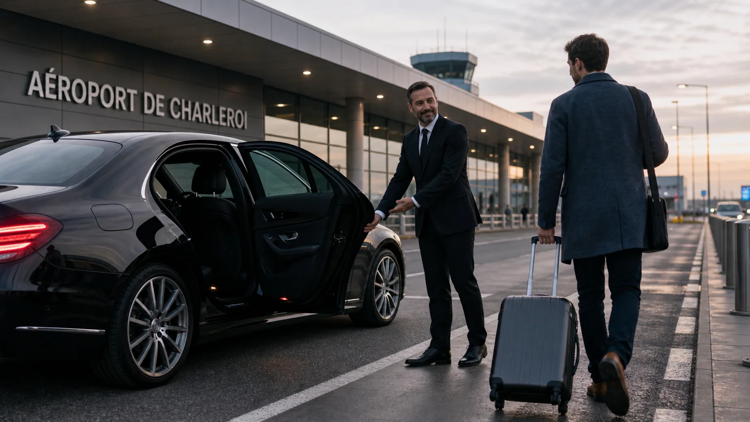 Chauffeur professionnel accueillant un passager devant Charleroi Airport