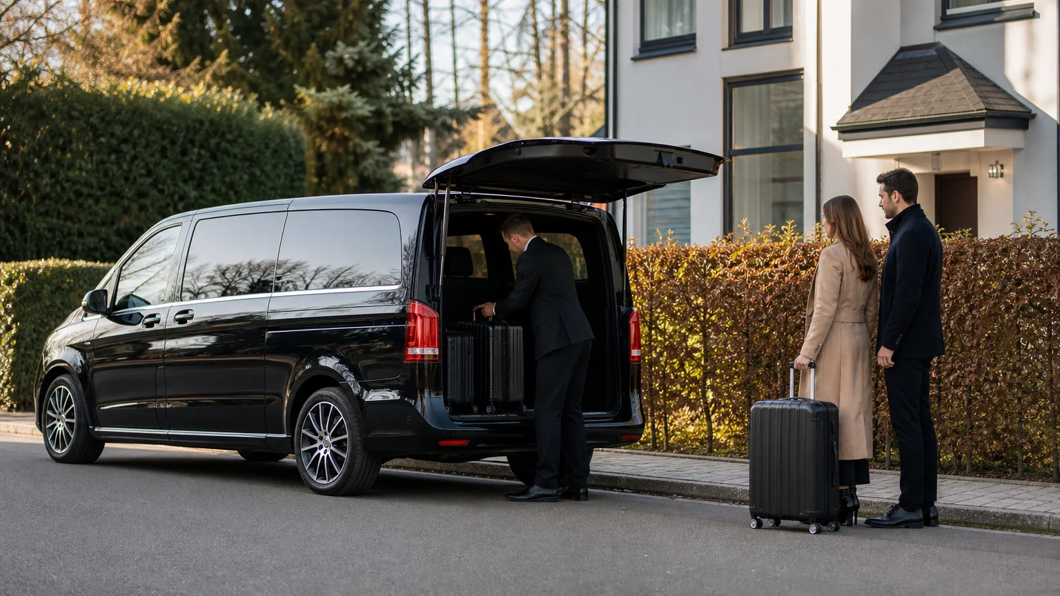 Minibus noir avec chauffeur et bagages pour un transfert aéroport