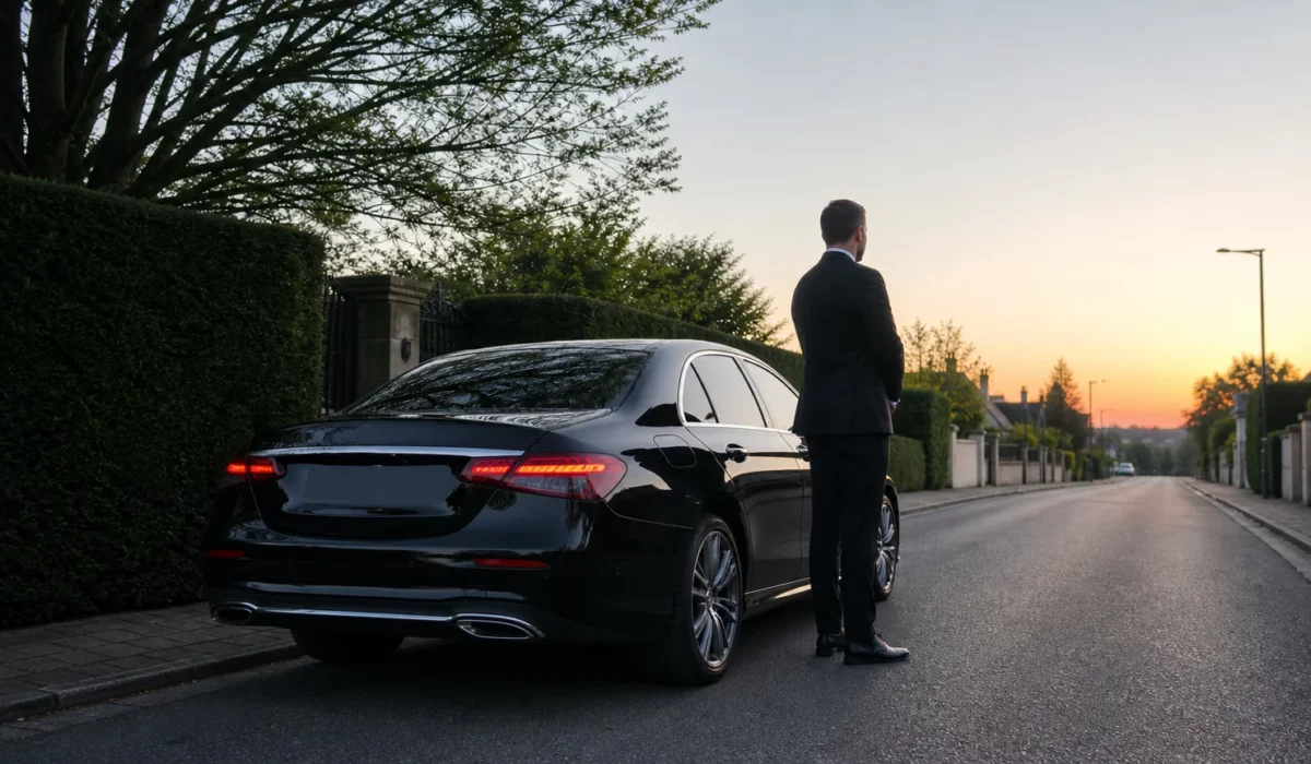 Mercedes Classe E noire avec chauffeur professionnel au départ de Chaumont-Gistoux