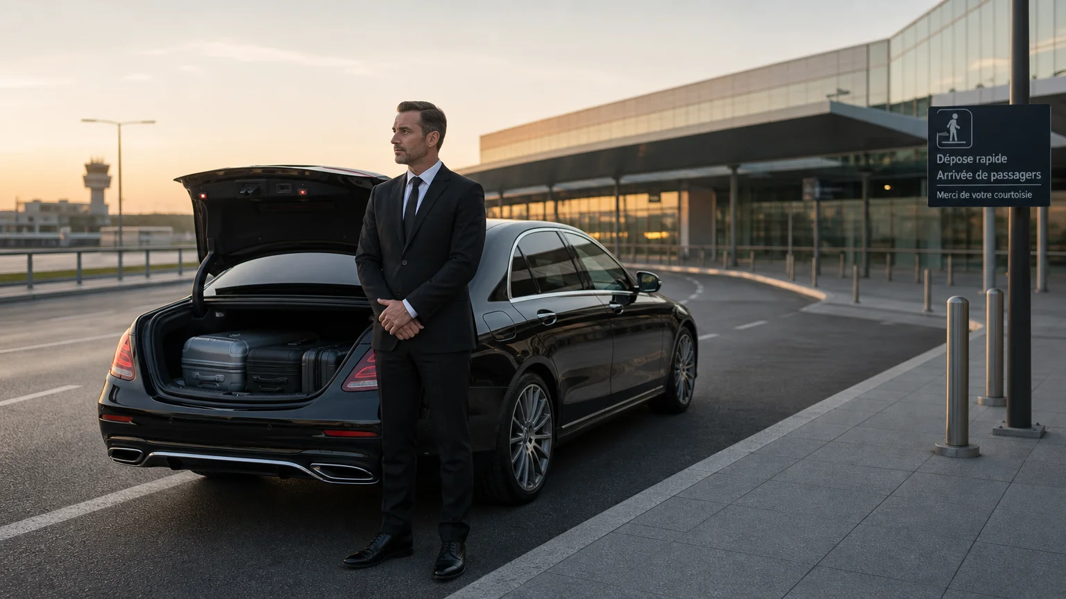 Chauffeur professionnel devant une Mercedes Classe E noire pour un transfert vers Charleroi Airport