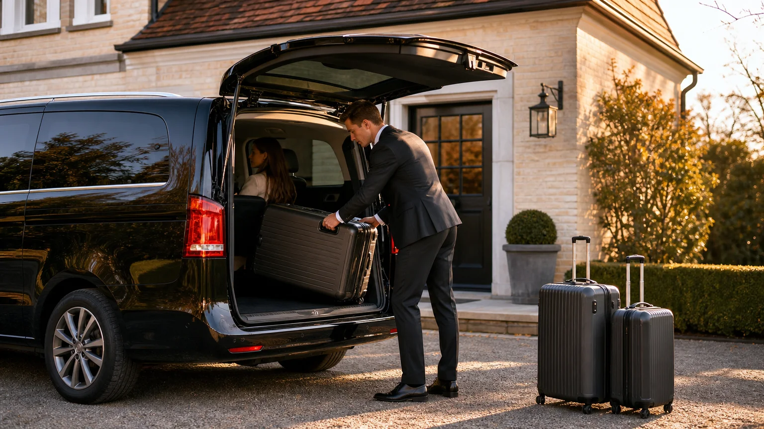 Chauffeur chargeant les bagages dans une Mercedes Classe V noire avant un transfert aéroport