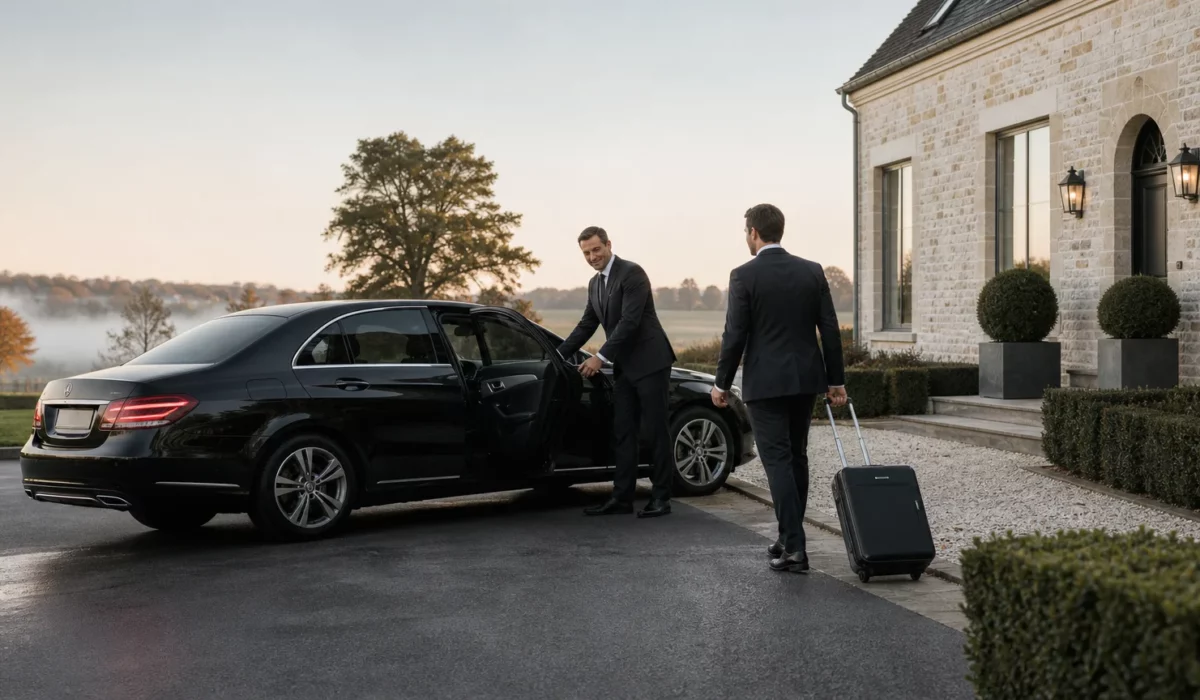 Chauffeur professionnel accueillant un voyageur près d’une berline noire à Huldenberg
