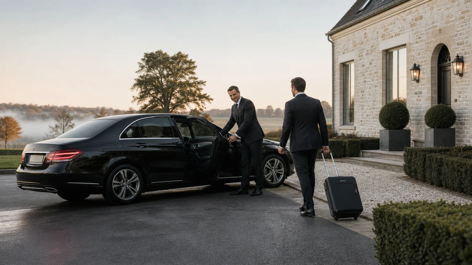 Chauffeur professionnel accueillant un voyageur près d’une berline noire à Huldenberg