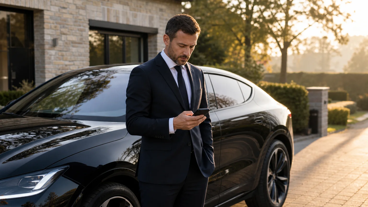 Chauffeur professionnel vérifiant un vol près d’un SUV noir