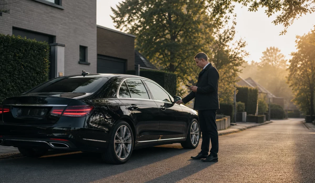 Chauffeur professionnel préparant une Mercedes Classe E noire pour un départ depuis Limal