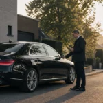 Chauffeur professionnel préparant une Mercedes Classe E noire pour un départ depuis Limal