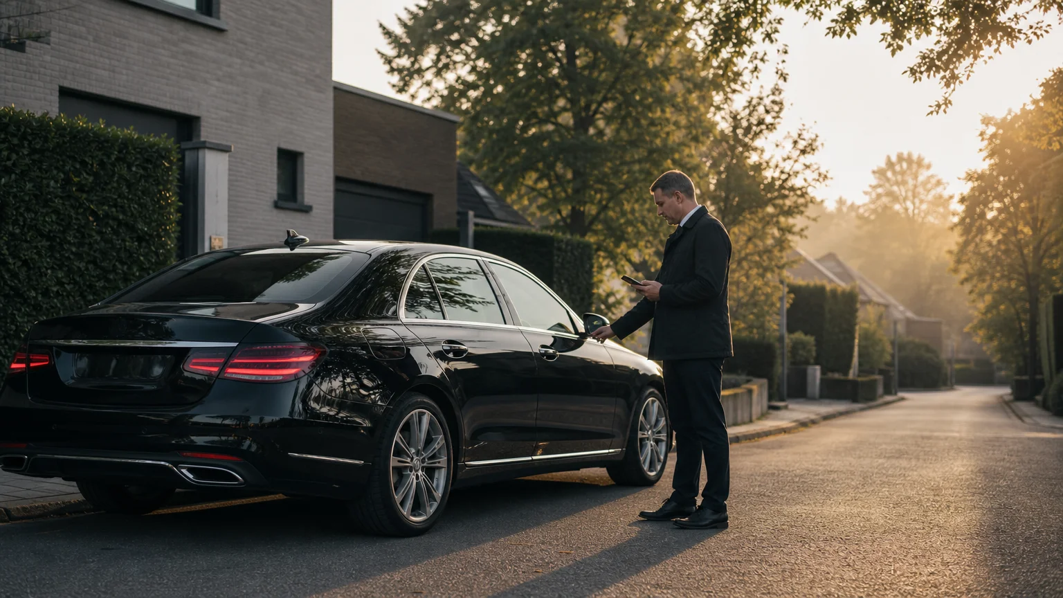 Chauffeur professionnel préparant une Mercedes Classe E noire pour un départ depuis Limal