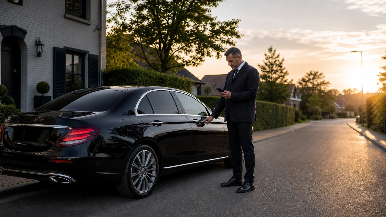 Chauffeur professionnel préparant une Mercedes Classe E noire pour un départ depuis Limal
