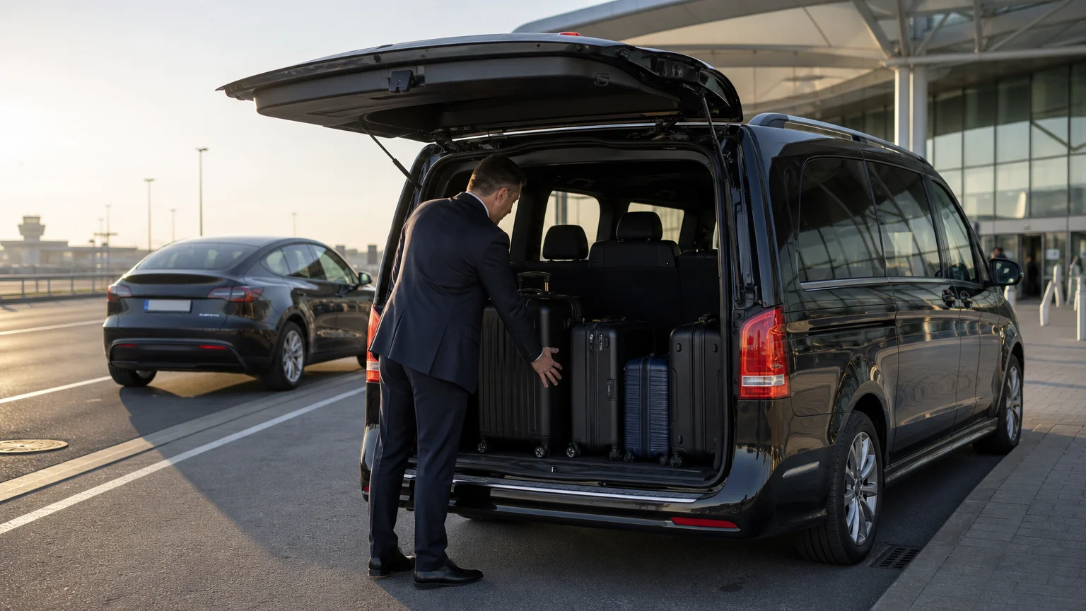 Chauffeur chargeant les bagages dans un véhicule noir adapté à un transfert aéroport