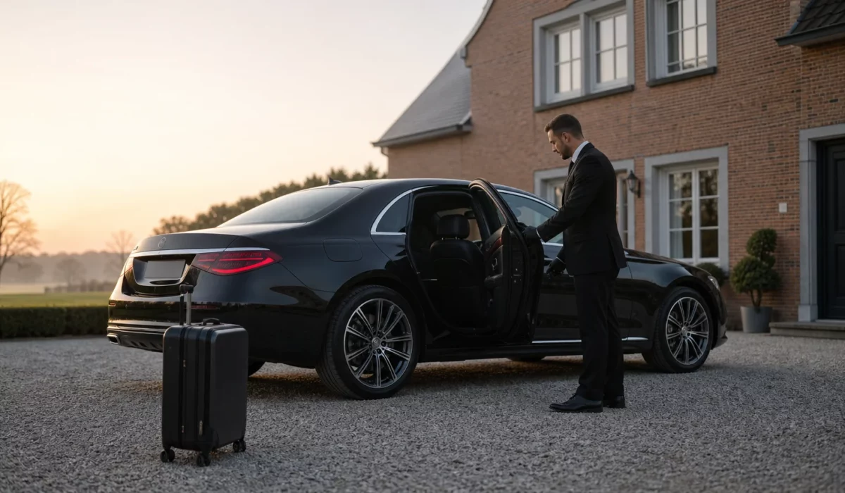 Berline noire avec chauffeur professionnel pour un transfert depuis Walhain vers Charleroi Airport