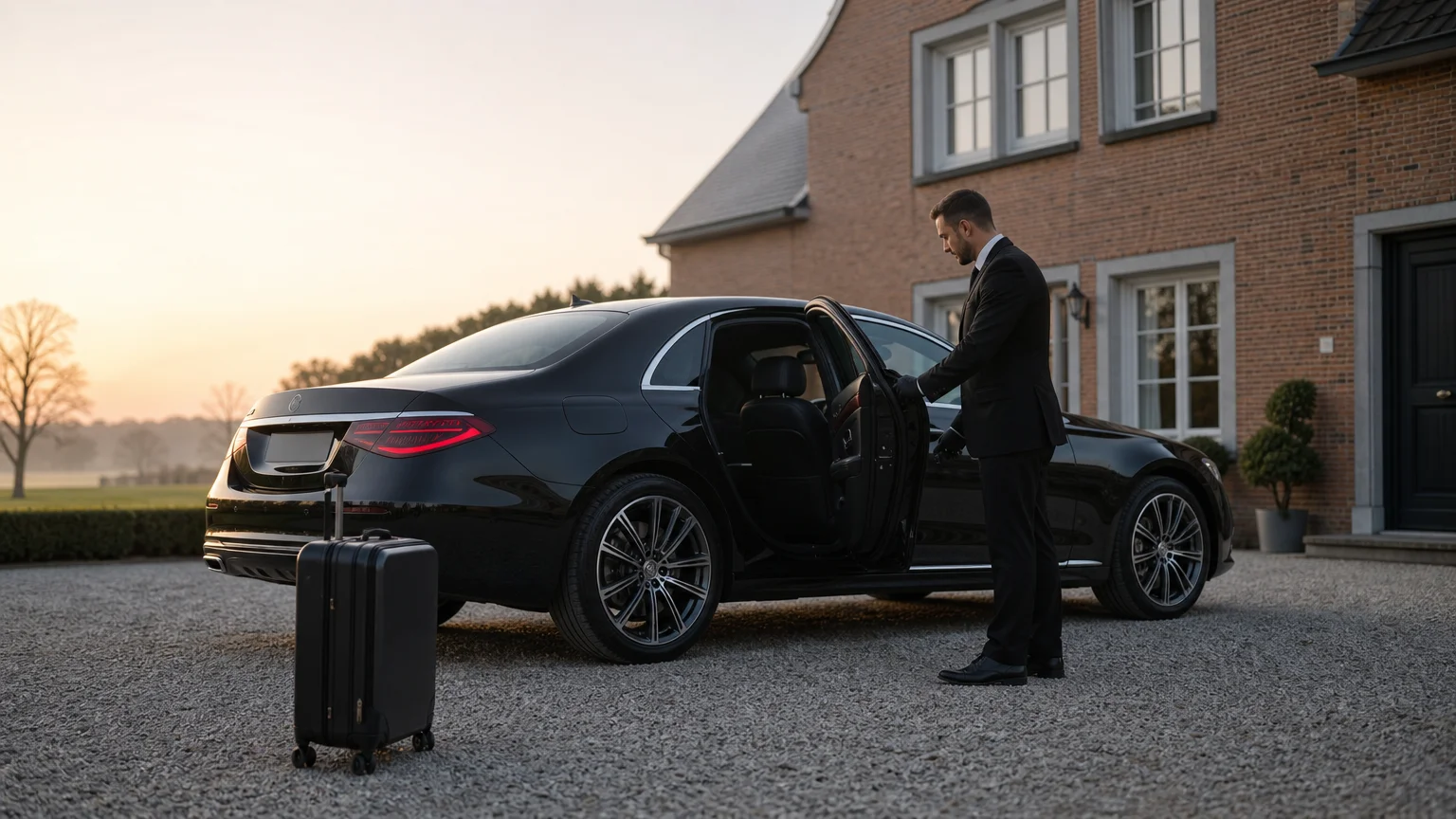 Berline noire avec chauffeur professionnel pour un transfert depuis Walhain vers Charleroi Airport