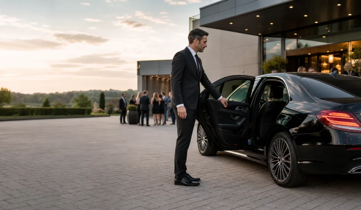 Chauffeur professionnel accueillant un invité dans une berline noire à Wavre