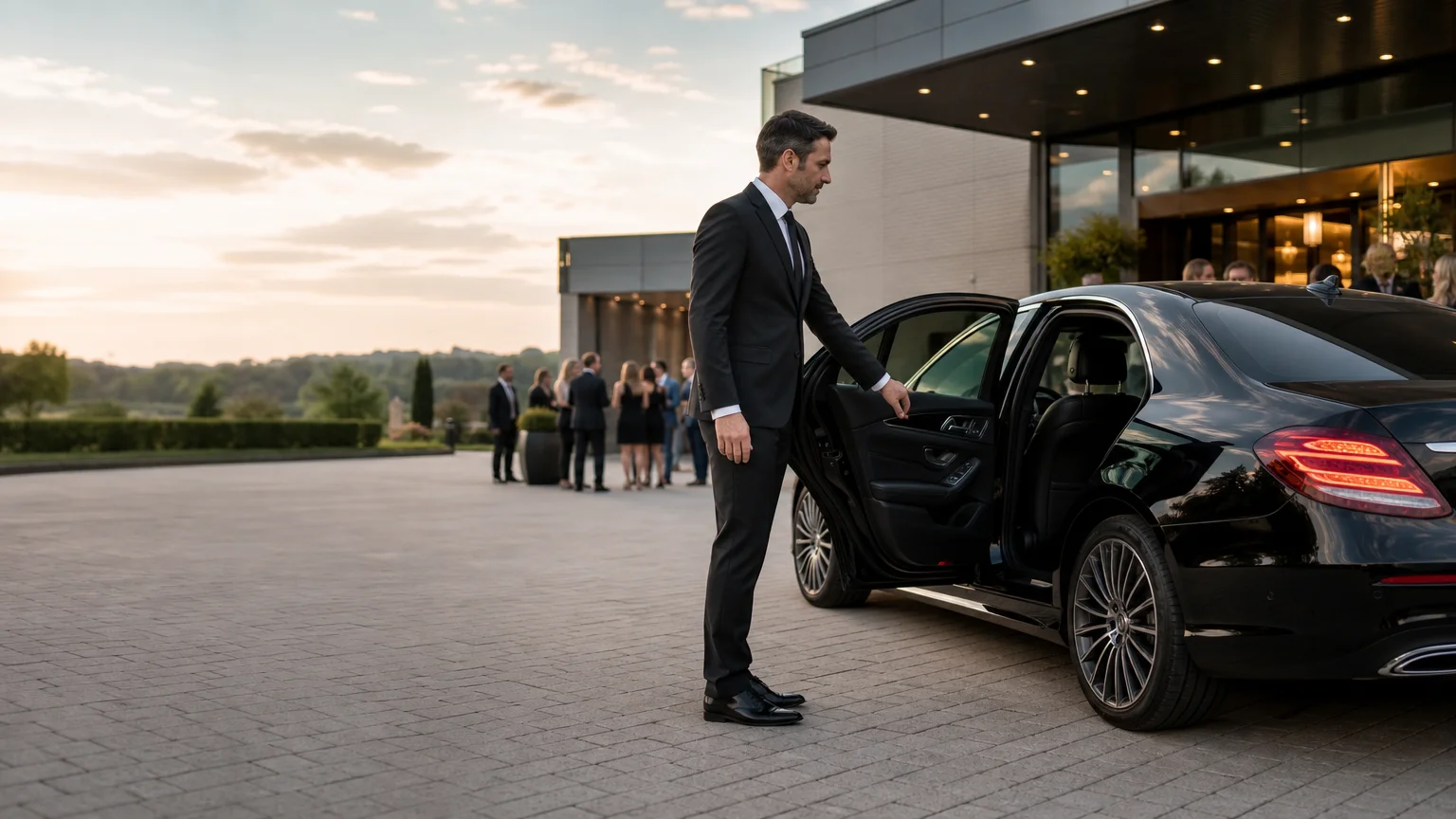 Chauffeur professionnel accueillant un invité dans une berline noire à Wavre