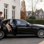 Chauffeur professionnel accueillant un passager à Genval dans une berline noire