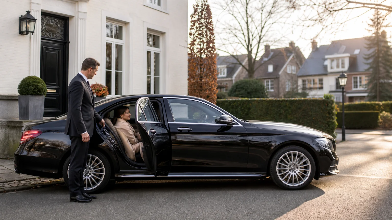 Chauffeur professionnel accueillant un passager à Genval dans une berline noire