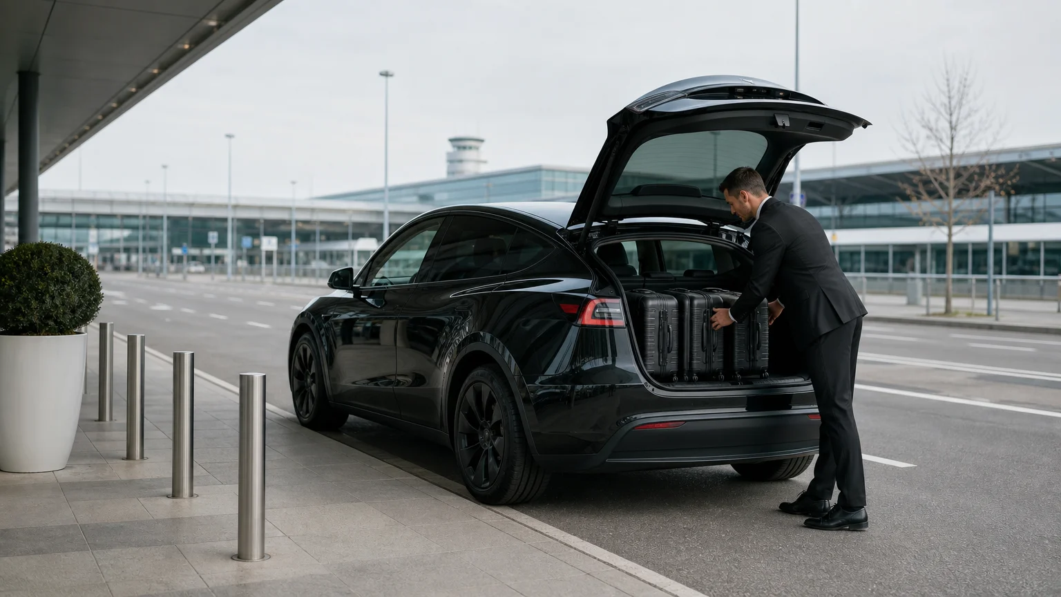 Chauffeur rangeant les bagages dans un SUV noir avant un transfert aéroport
