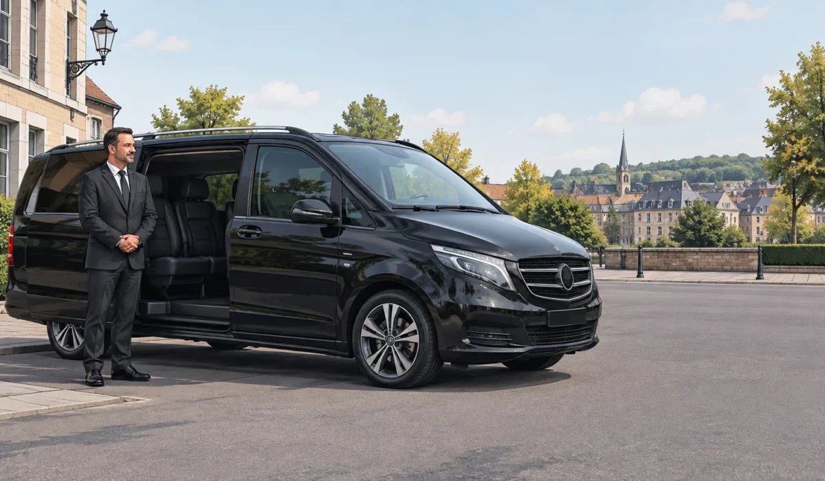 Taxi Mercedes Classe V noire avec chauffeur professionnel dans une rue de Wavre