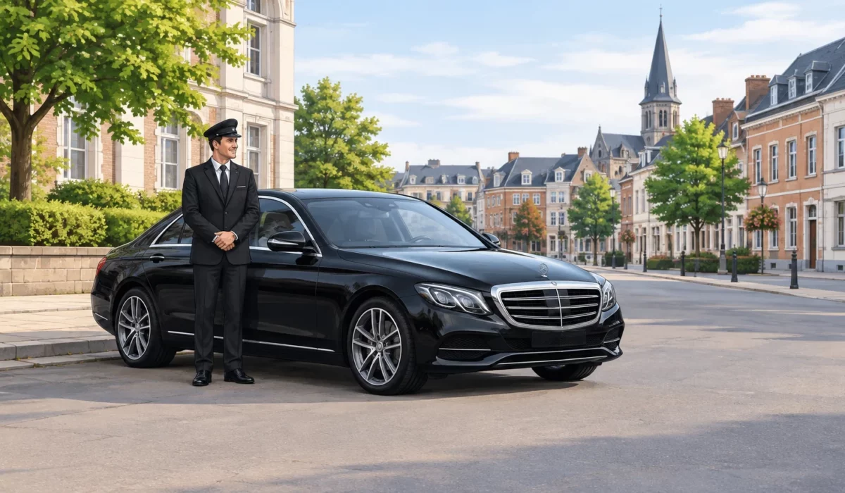 Taxi Mercedes Classe E noire avec chauffeur professionnel dans une rue de Wavre